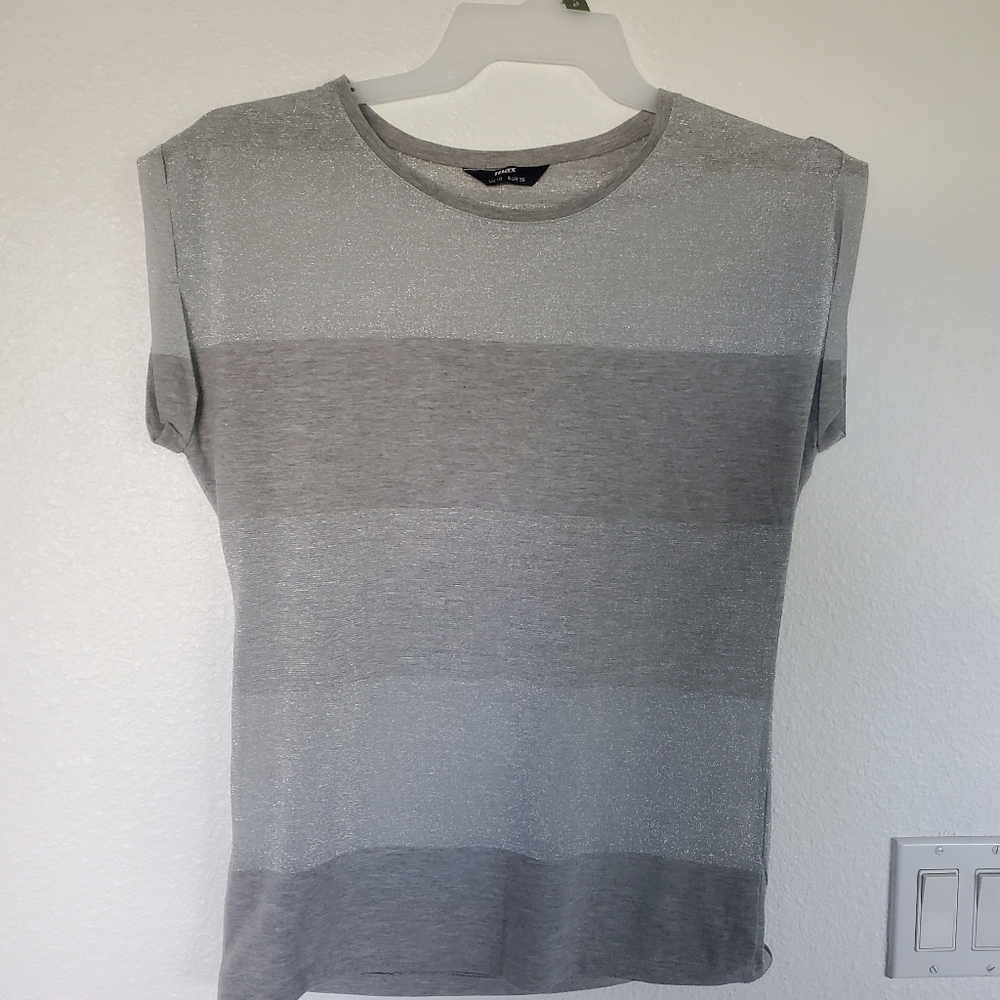 Chic Gray Striped T-Shirt with Shimmering Detailing – Casual &‎ Stylish